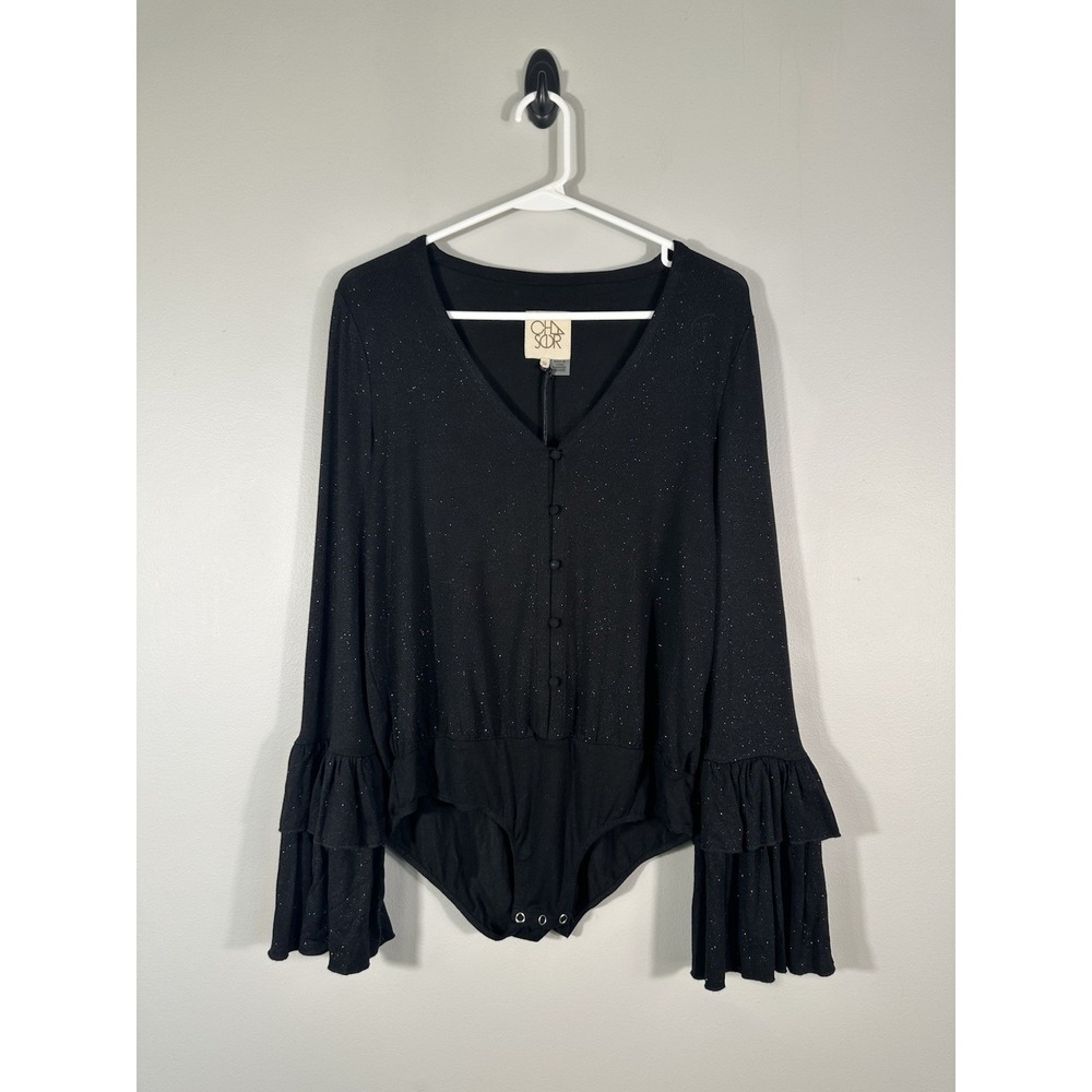 Chaser Bodysuit Womens Medium Black Glitter Whimsigoth Witchy Goth Dark Romantic